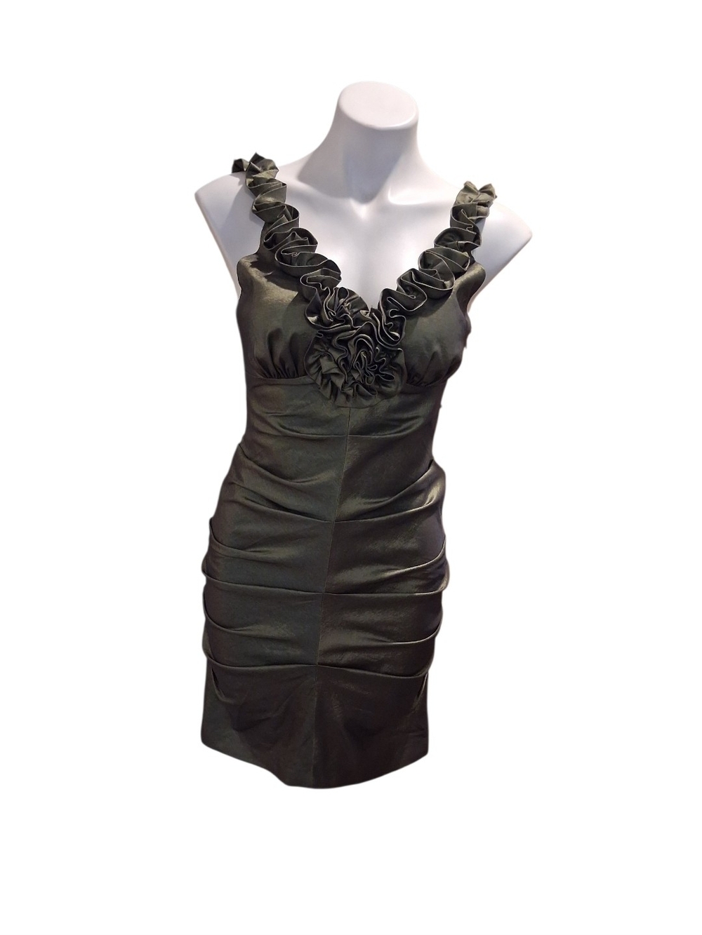 Hailey  Olive Green Ruffled V-Neck Cocktail Dress